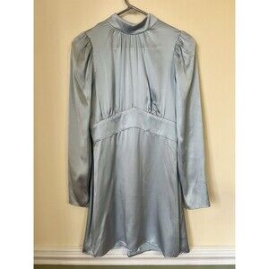 Reformation Silk Mini Dress Size 4 Light Blue Puff Sleeve High Neck EUC Used